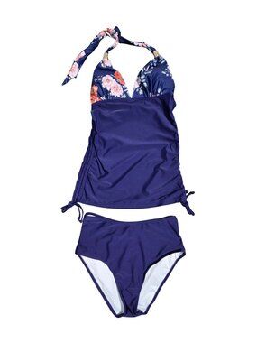 NWOT | Navy Blue Pink Floral Ruched Halter Tankini Set High Waisted Bikini Small